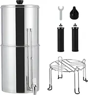 Gravity-fed Water Filter System, 2.25G Stainless-Steel Countertop Water Filter System with 2 Black Carbon Filters, Metal Water Level Spigot and Stand, for Home, Camping, RV, Emergencies