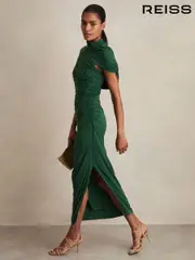 Reiss Green Azure Stretch Lyocell Ruched Midi Dress (F97958) | $380
