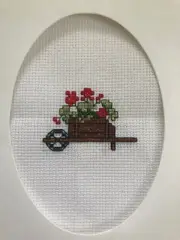 COMPLETED FINISHED CROSS STITCH CARD ''SPRINGTIME FLOWER WHEELBARROW’’