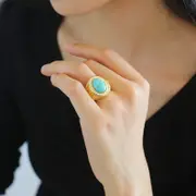 French Exotic Elegance: Blue-White Enamel Natural Stone Ring