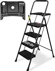 [WNOEY] 4 Step Ladder, Folding Step Stool with Tool Platform, Wide Anti-Slip Pedal, Lightweight 500lbs Step Ladder for Adults, Portable Steel Step Stool for Adults, Black