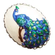 BLUE GREEN PEACOCK BIRD CAMEO Silver Plt Hand Painted Brooch Pin