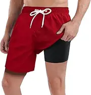 [QRANSS] Mens Swim Trunks with Compression Lined 7'' Swim Shorts Quick Dry Swimwear Boardshorts with Boxer Brief Liner