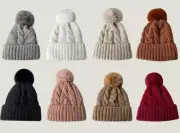 Womens Crochet Knitted Beanie Wool Pompom Knitted Beanie Hat Winter Warm Outdoor