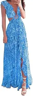 [Generic] Printed Deep V Sexy Waist Exposed Hollow Pleated Dress Ladies Summer Semi Formal Dresses Black Sleeveless Dress Bodycon Midi Length Bridesmaid for Women Party Evening Elegant