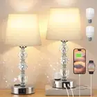 Set of 2 14"H Crystal Nightstands - Bedside Table Lamps with USB Charging Ports