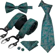 [keusyoi] Mens Silk Suspender Set 6 Clips Braces Vintage Y Back Suspenders Bowtie Tie Hankerchief Cufflinks Adjustable
