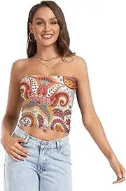 [GuoChe] Womens Strapless Tube Top Paisley Flowers Ethnic Retro Fashion Push Up Bandeau Top Without Straps for Summer Club