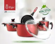 Cookware Set. Elite Bio Titanium Coating. Non-stick. Red color.