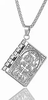 [coadipress] Holy Bible Book Pendant Necklace for Men Women Stainless Steel Openable Prayer Bible Religious Christian Necklace Retro Scripture Miniature Readable Verse Jewelry for Faith Memorial