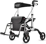 EQUIPMED SmartRoller 2-in-1 Aluminium Rollator and Transit Wheelchair, Foldable, with Detachable Bag, Silver