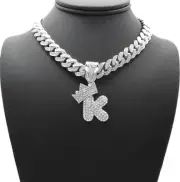 Silver PT Bubble Alphabet K Pendant 16" ~ 24" Iced Cuban Box Lock Chain Necklace