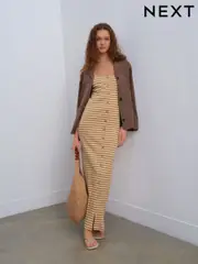 Cream/Brown Stripe Square Neck Button Down Rib Column Midi Dress (AT3350) | $54