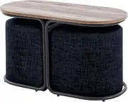La Bella 3-Piece Coffee Table & Ottoman Set – Modern Industrial Living Room Furniture with 2 Padded Stools, Linen Upholstery & MDF Wood Tabletop – Space-Saving Design, Black