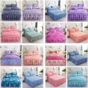Retro Floral Printed Ruffled Elastic Bed Skirt Bedspread +Pillowcases Queen King