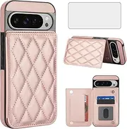 [Asuwish] Phone Case for Google Pixel 9/9 Pro 5G Wallet Cover with Tempered Glass Screen Protector and Leather RFID Credit Card Holder Stand Slot Flip Cell Accessories Pixel9 9Pro Nine Women Rosegold