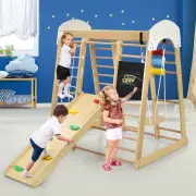 Costway8-in-1 Wooden Climbing Playset with Slide and Drawing Board Nature