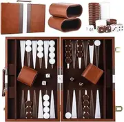Backgammon Case, Backgammon Wood, 2 Players Classic Backgammon Set with High-Quality Leather Case, Portable and Travel Backgammon Set with Dice Cup for Campers and Travel Fans