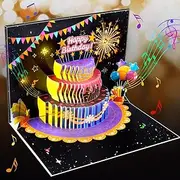 Musical 3D Birthday Cake Pop-Up Card with LED Lights and Music – Happy Birthday Card with Fireworks and Balloons – for Kids, Adults, Friends, and Family – Birthday Gift with Envelope and Notecard