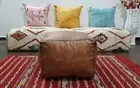 Moroccan Grain Leather Ottoman Pouf Pouffe Footstool STITCHED SQUARE TAN