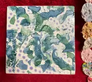Handpainted Ceramic Tile Trivet Wall Hanging Teal Blue Lilac Abstract Monoprint