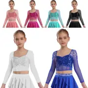 Girl's Illusion Mesh Long Sleeve Shiny Sequins Corset Crop Top Dance Performance