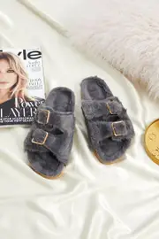 Grey Faux Fur Fluffy Buckle Slides