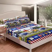 Cartoon Cars Kids Fitted Sheet Twin Size,Construction Vehicles Police Car Toddler Bedding Set for Boys Girls Adults,Urban Road Truck Tractor Bed Cover,Red Blue Bed Sheet,1 Pillowcase