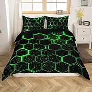 Black Green Honeycomb Duvet Cover Neon Hexagon Comforter Cover Geometric Beehive Girls 220 x 240 cm Bedding Sets, Abstract Line Art Bed Set Modern Geometry Room Decor