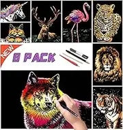 Scratch Painting Art Kit - Family-Friendly Crafts for Adults & Kids, DIY Craft Kit with 4 Tools & 8 Sheets, Animal Series Creative Gifts (Lion and Bird)-DESINIK