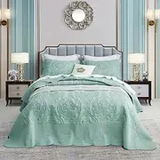 CHIXIN Bedspread Coverlet Set Queen Size - Lightweight Bedding Cover - Beautiful Stitching - 4 Piece Reversible Bedspread - Gorgeous Damask Paisley Pattern (Queen, Seaglass)