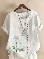 Women's Summer Round Neck Short Sleeve T-shirt Casual Cotton Linen Graphic Shirt Leisure Fashion Loose Daisy Prined Blouse Tops Plus Size white M