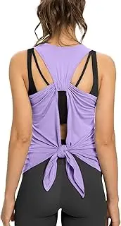 [Sanutch] Open Back Workout Top Backless Yoga Shirts Tie Back Workout Tank for Women, Light Purple, Medium