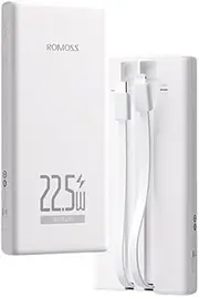 [ROMOSS] Slim 10000mAh Power Bank with Built in Cables, Fast Charge 22.5W Portable Charger with USB C & Lighting Cables, 4 Outputs & 2 Inputs Battery Pack for iPhone 16/15/14, iPad, Galaxy and More