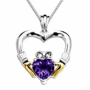 7.0mm Heart-Shaped Amethyst and Natural Diamond Accent Claddagh Heart Pendant in Sterling Silver and 14K Gold