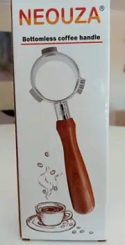 Neouza 54mm Espresso Bottomless Portafilter with Premium Rosewood Handle.