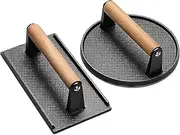 HOMIEST Burger Press, 7" Round & 8.2"X4.3" Rectangle Heavy-Duty Cast Iron Smash Bacon Press Meat Steak with Wood Handle for Griddle, Sandwich, Nonstick Pan