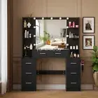 Modern Dressing Table Black 7 Drawers Make up Desk Set With 10 LED Bulbs Mirror