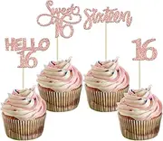 Gyufise 24 Pack 16th Birthday Cupcake Toppers Sweet 16 Cake Toppers Hello 16 Sixteen Cupcake Picks for 16th Birthday Cake Decorations Supplies Rose Gold