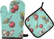 Quteprint Cherry Butterfly Pattern Heat Resistant Oven Mitts and Pot Holders Set - 500F Thick Quilted Cotton Kitchen Gloves with Non-Slip Grip for Cooking, Baking, Grilling & BBQ