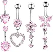 [KYEDGC] 5pcs Belly Bars, 3g Belly Button Piercing, Stainless Steel Belly Bar, Dangly Belly Button Bars, Belly Ring,Heart Shaped Butterfly Flower Navel Perforation Jewelry For Ladies Girls