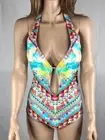Women's NWT BAR III Blue Skylar Geo Plunge Neck Halter Lace One-Piece Swimsuit