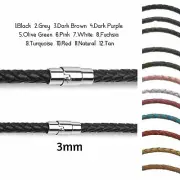 3mm Braided Leather Necklace with Stainless Steel Magnetic Clasp Men's Women's