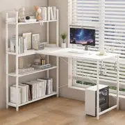 Advwin 120cm L Shaped Computer Desk with Reversible Storage Shelves Corner Desk with Bookshelf and Side Hook White