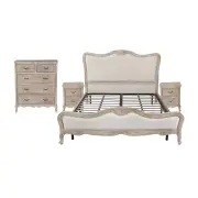 4 Pcs Bedroom Suite King Size Oak Wood Plywood Veneer White Washed Finish Bed, Bedside Table & Tallboy