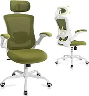 Ergonomic Mesh Office Chair, High Back Executive Desk Chair with Adjustable Headrest and Lumbar Support, Flip-Up Arms, Rocking, Swivel Rolling Computer Mesh Chair for Home Office-Green