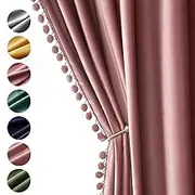 MIULEE Dry Rose Pink Pom Pom Velvet Curtains for Bedroom/Living Room Darkening Thermal Insulating 84 Inches Long Blackout Curtains with Rod Pocket for Girls Room/Nursery/Home Theater Set of 2