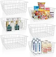 YOUNTHYE 6Pack Wire Baskets, 28x22x11CM White Wire Storage Baskets with Handle, Metal Pantry Storage Freezer Storage Organizer Bins for Shelf, Cabinets, Bathroom, Closets
