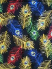 BEAUTIFUL PEACOCK FEATHERS BLACK FABRIC WITH VIBRANT FEATHER COLORS 43" x 29"