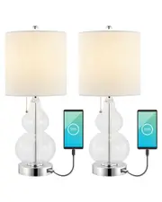 JONATHAN Y Cora 22In Set Of 2 Classic Vintage Glass LED Table Lamp With USB Charging Port